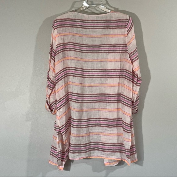 St Tropez West Pink White Striped Linen Weave Button Up Tunic Shirt Size M - Picture 2 of 5